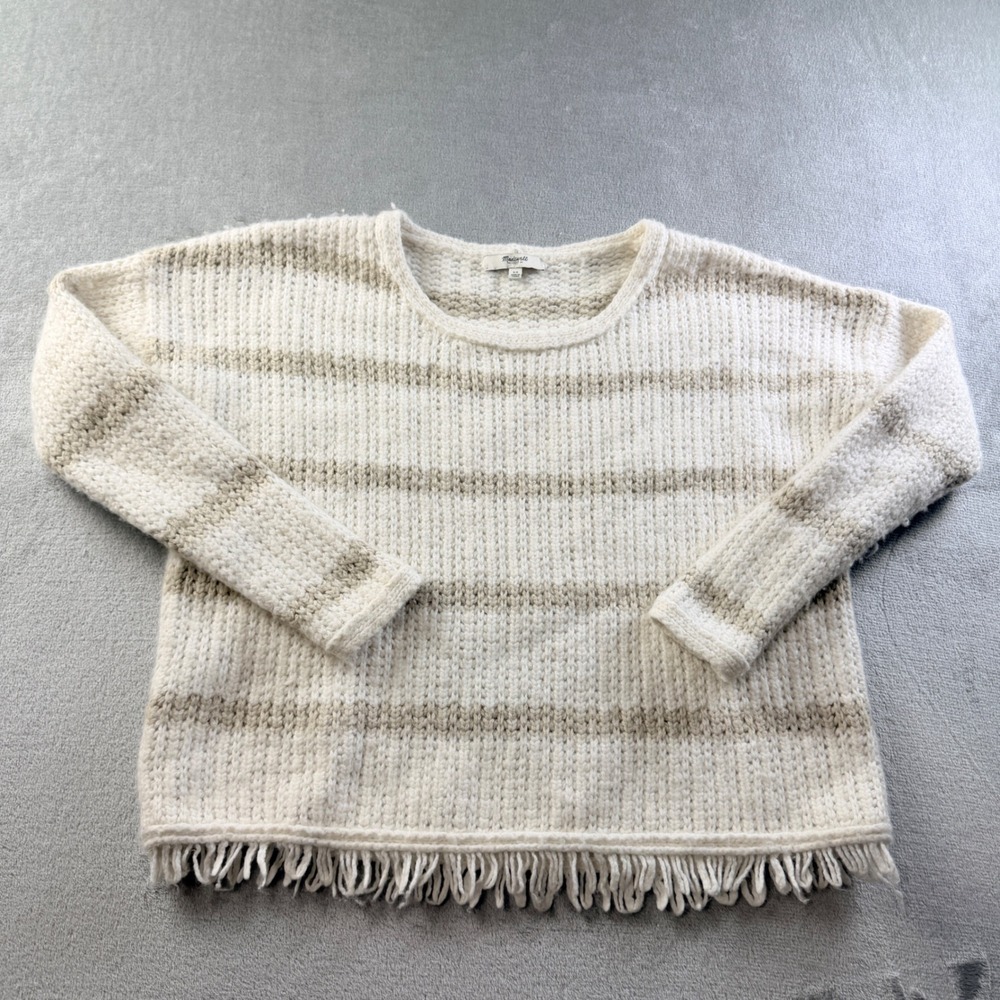 Madewell Striped Fringe Hem Sweater XS Merino Wool Alpaca Blend Cream Tan E0183